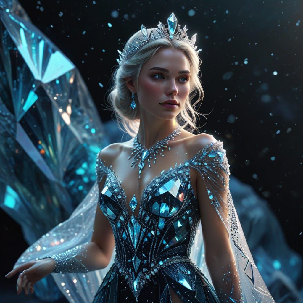 Sparkling Ice Queen in Diamond Gown Under Aurora Borealis