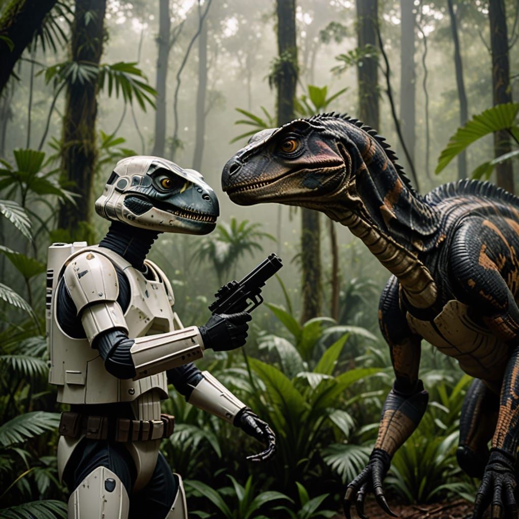 Stormtrooper Meets Velociraptor in Mysterious Jungle