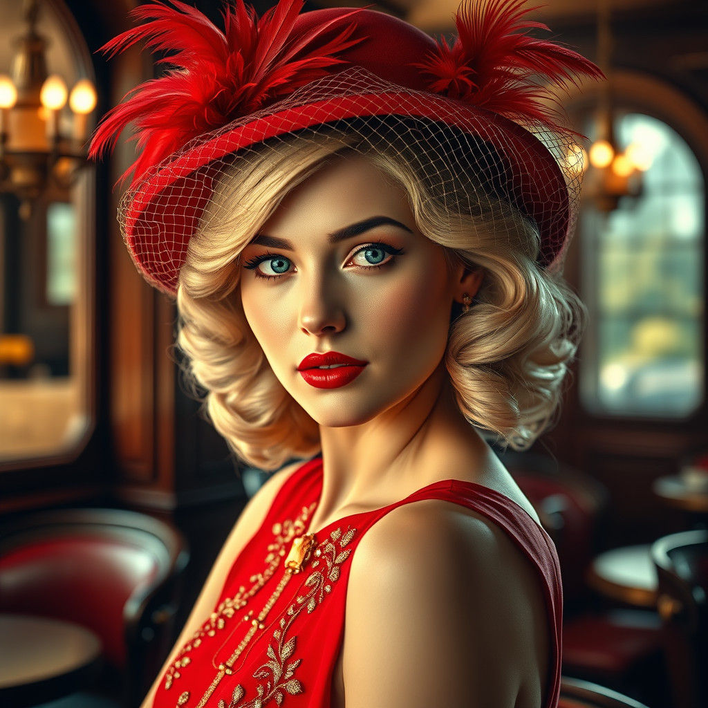 Elegant Woman in Scarlet Hat, 1940s Glamour