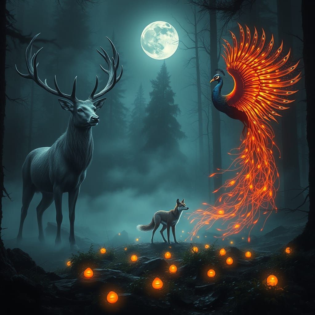 Glowing Patronus Creatures in Dark Fantasy Forest