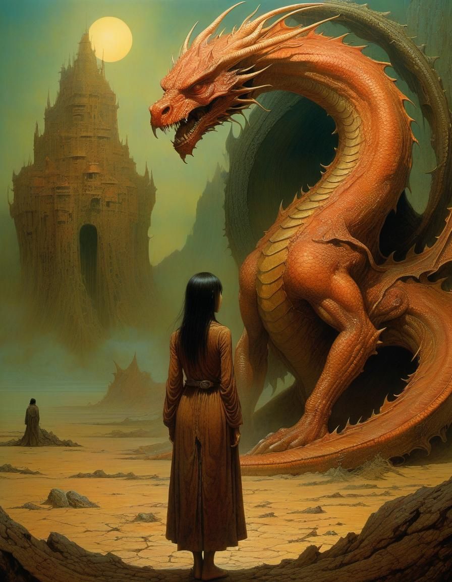 Female Surrounded by Dragon in Surreal Style