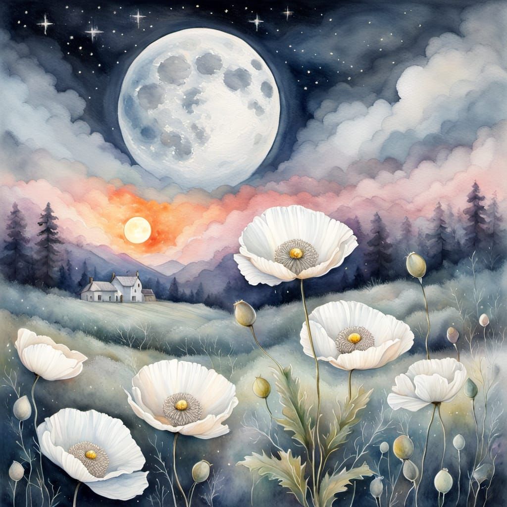 Ethereal White Poppy Under Full Moon Sky
