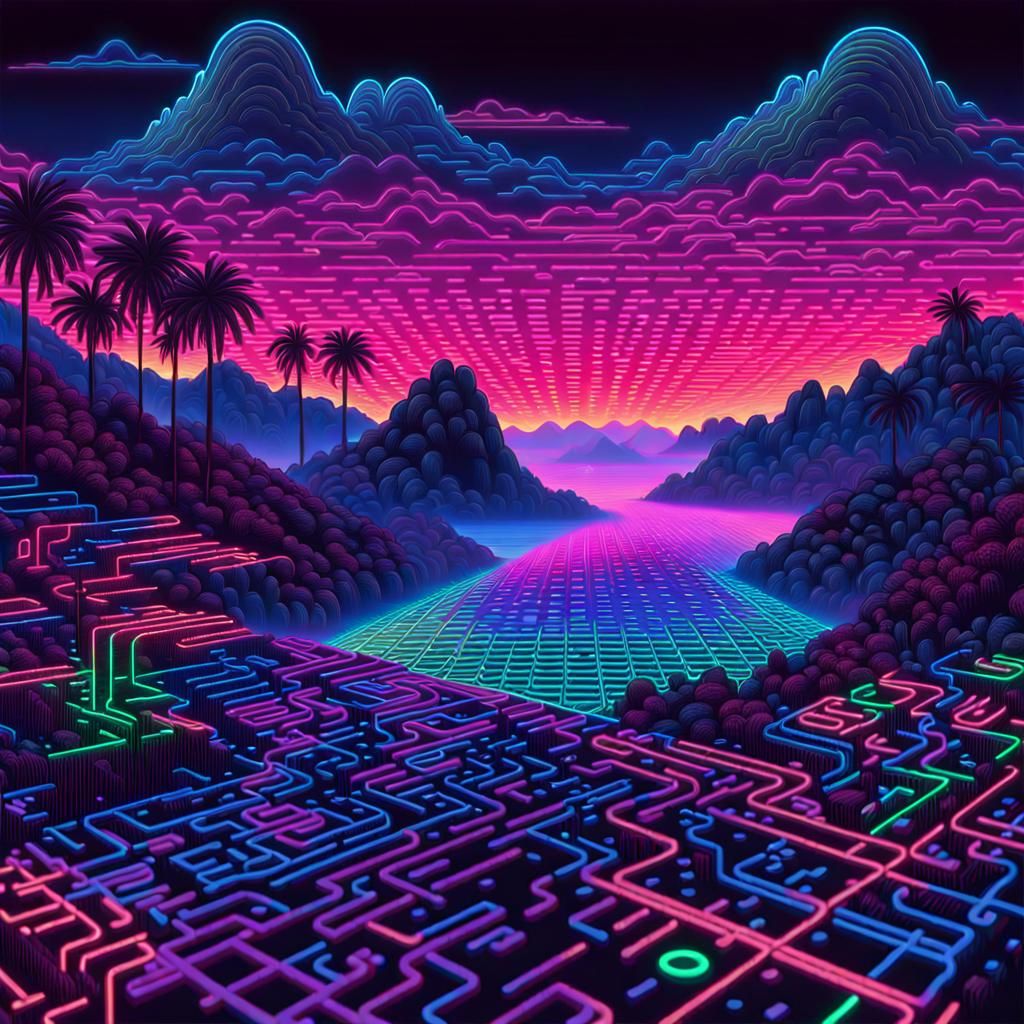 Neon Binary Code Dreamscape in Digital Art Style
