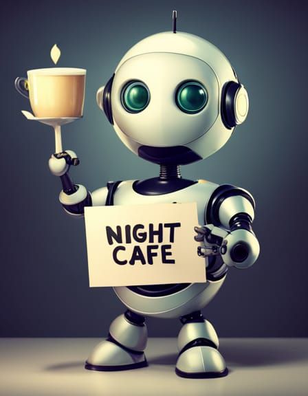 Cute Robot Holding a Night Cafe Sign