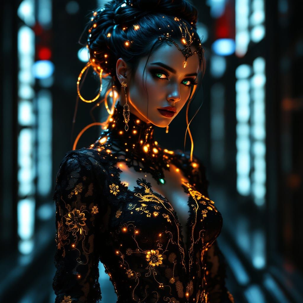 Cyberpunk Lady in Victorian Gown with Neon Lights