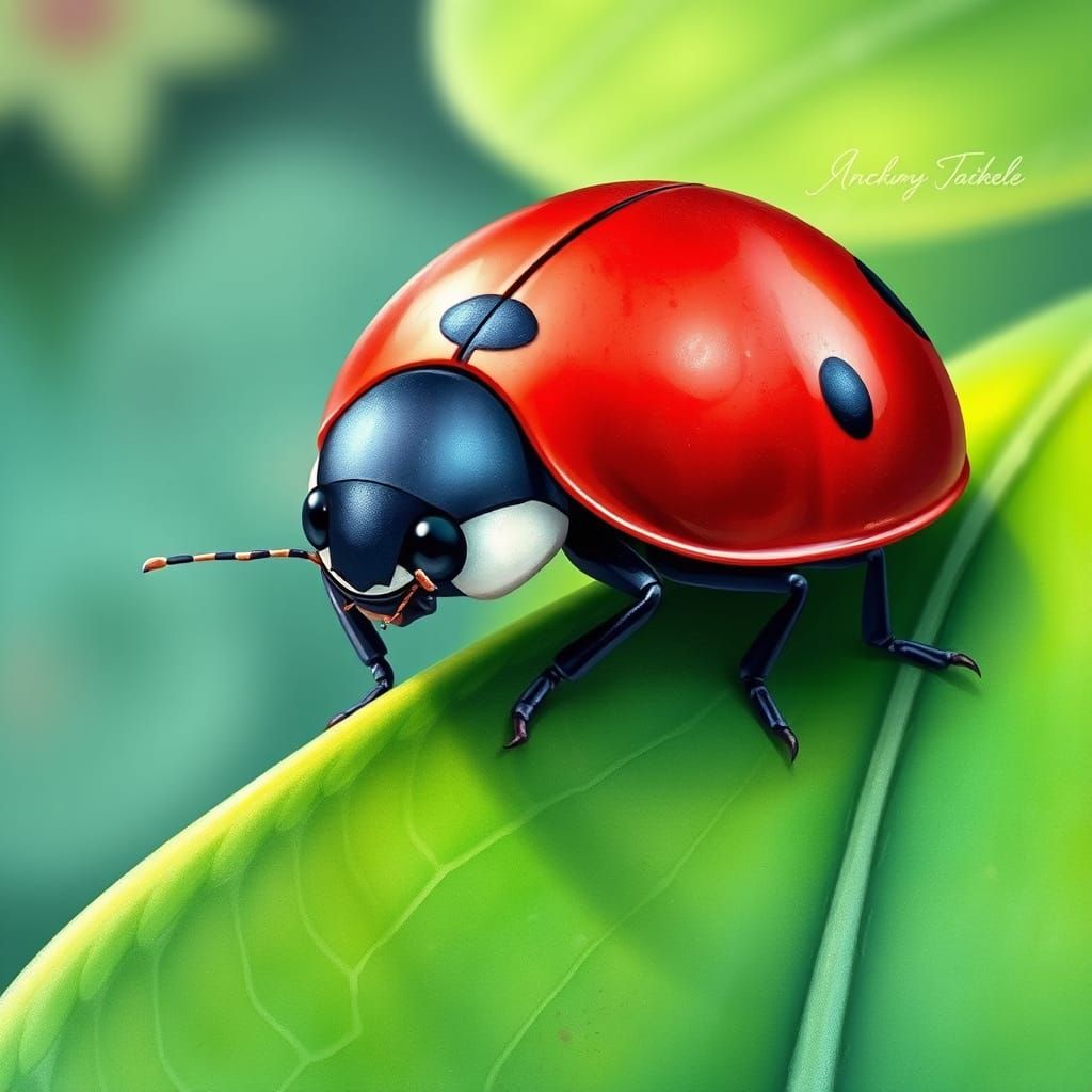 Whimsical Ladybug on Leaf, Surreal Watercolor Art