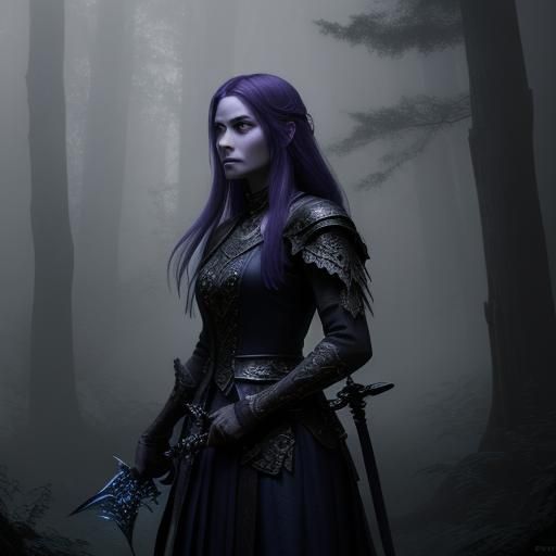 Violet Wields Ancient Sword in Dark Fantasy Forest