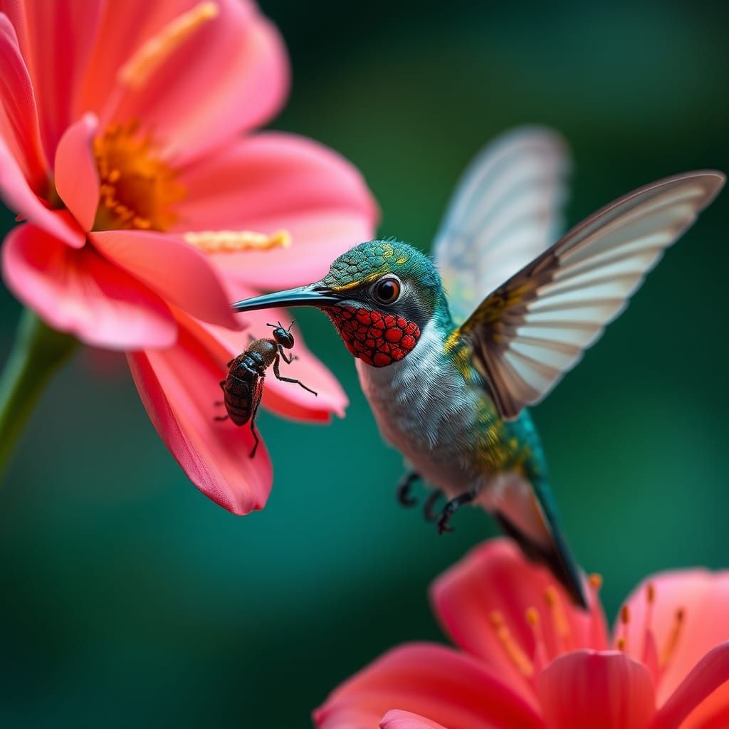 Hummingbird and Bugs Sip Nectar in Detailed Matte Painting