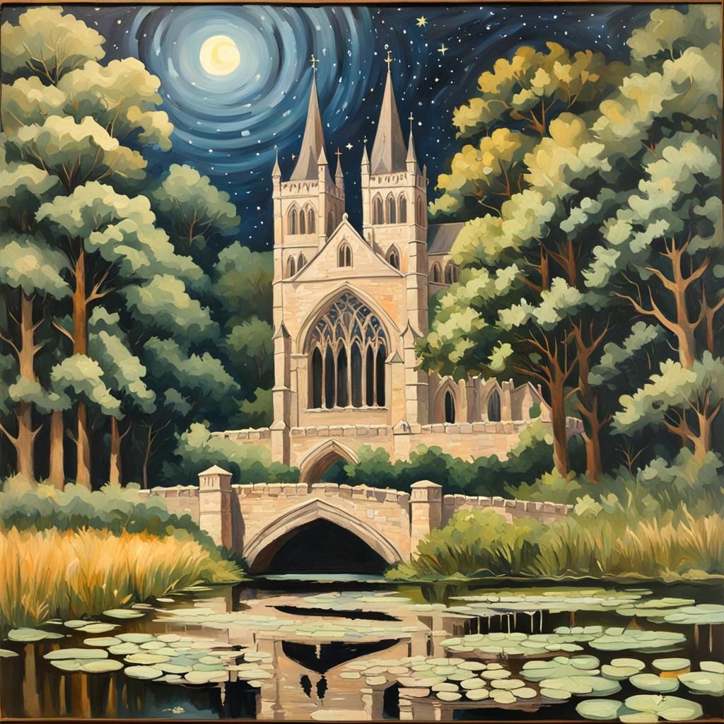 Gothic Cathedral in Countryside under Starry Sky