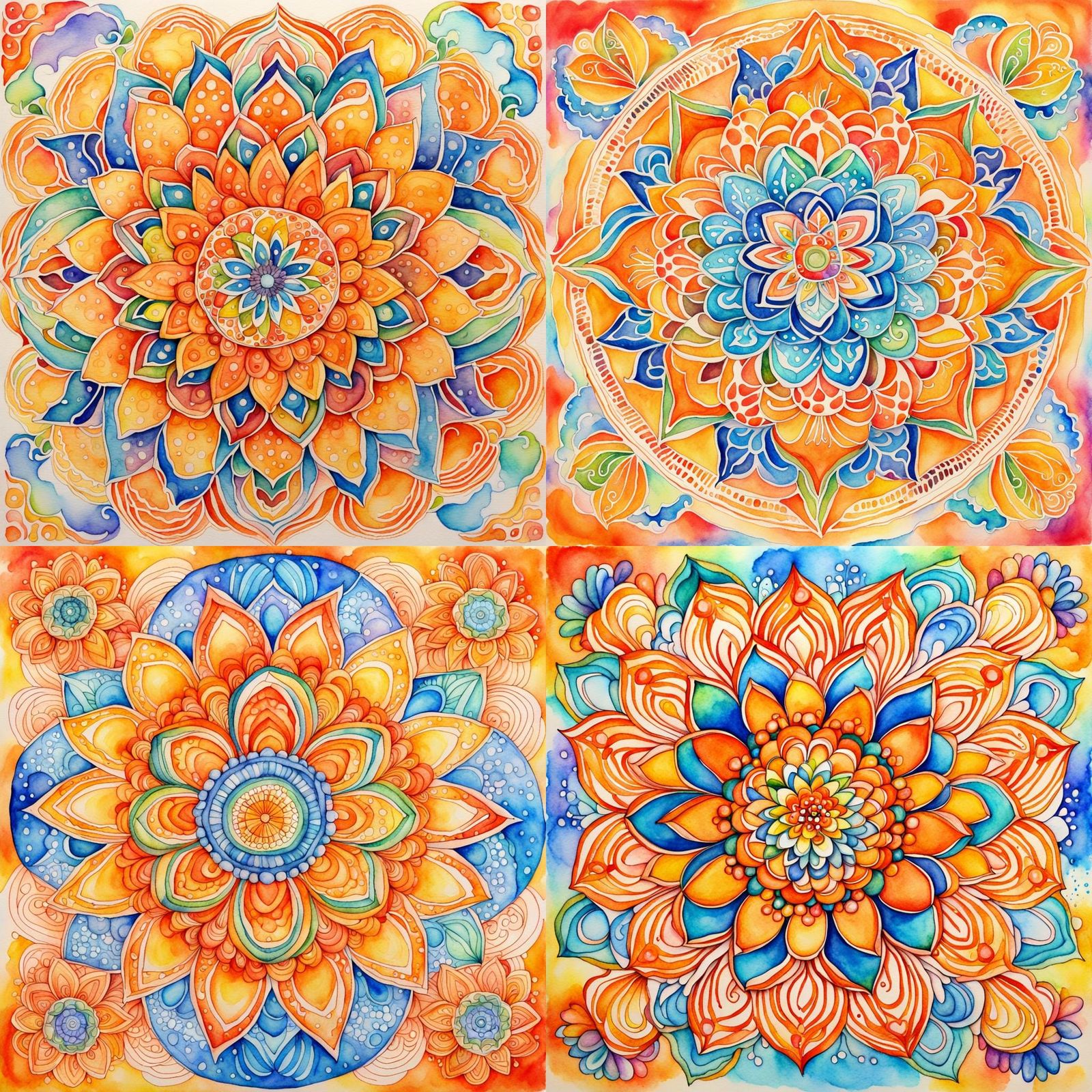 Watercolor Mandala with Rainbow Sky and Fractal Elements