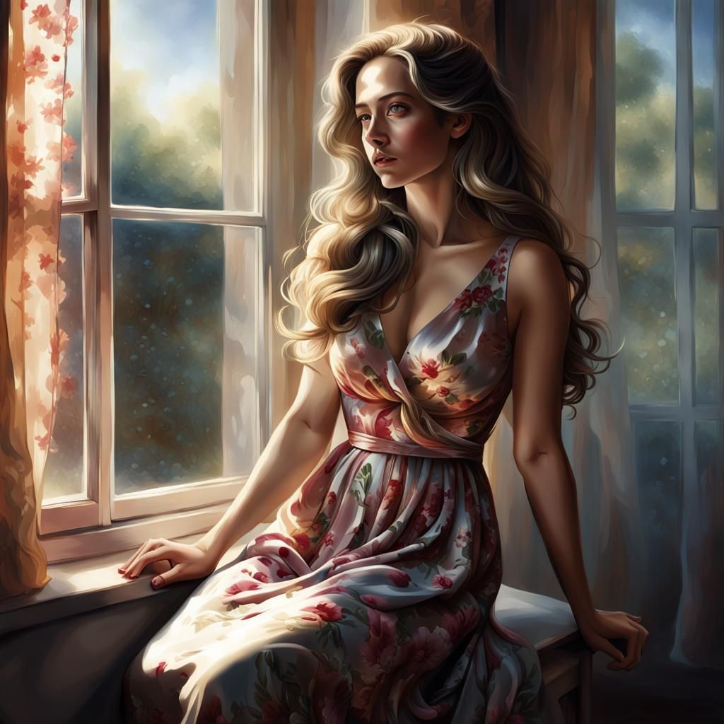 Yearning Woman by Window in Detailed Digital Art