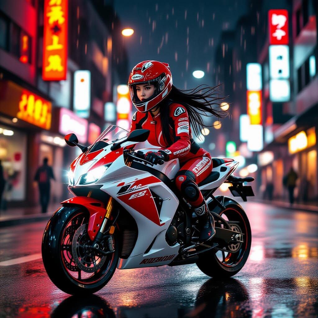Japanese Woman Rides Sporty Motorbike in Rainy City Night