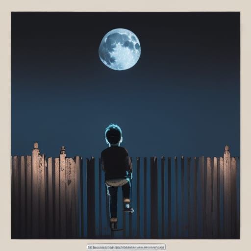 Boy Gazing at Moonlit Town: Dark Fantasy Art