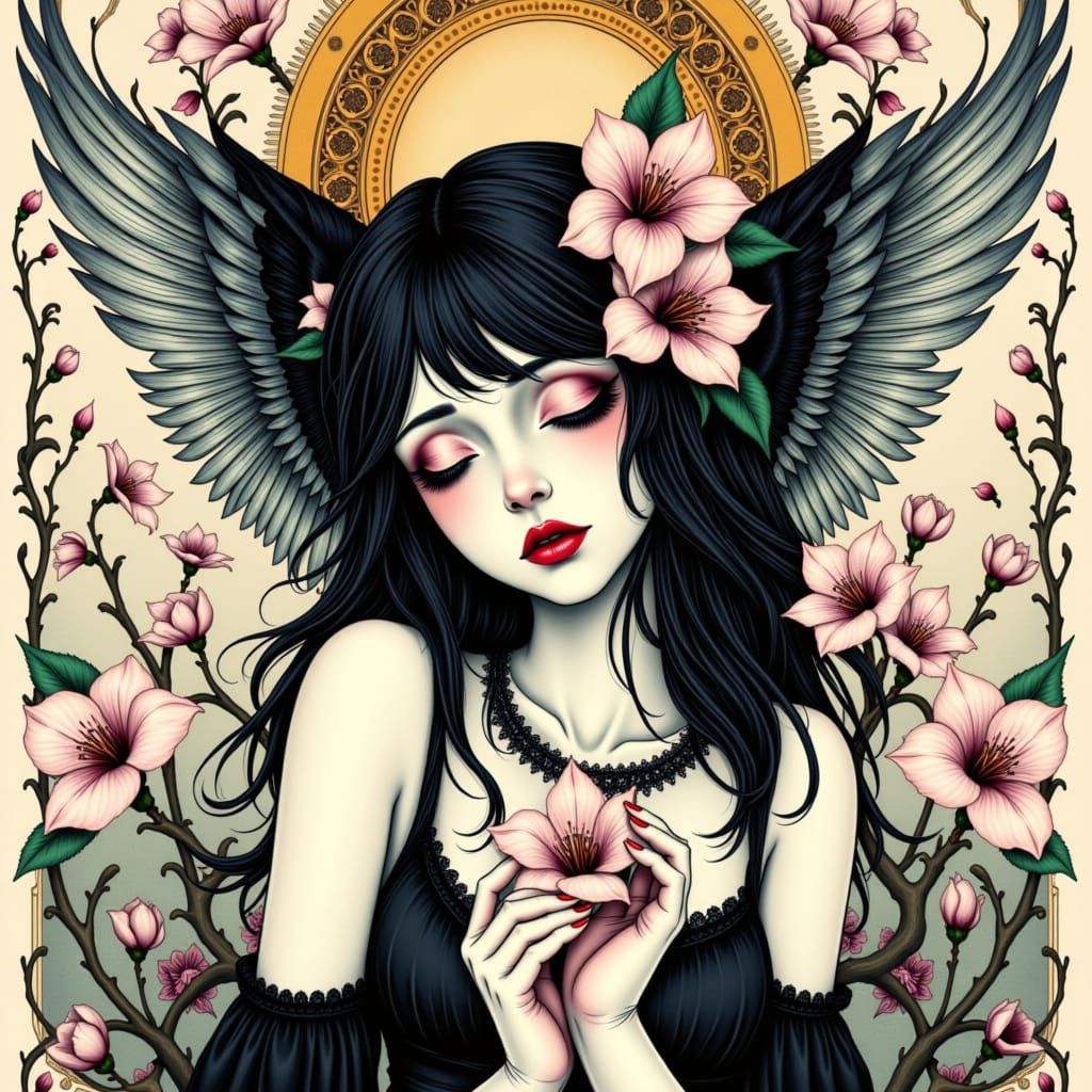 Whimsical Gothic Angel Lost in Cherry Blossom Dreams