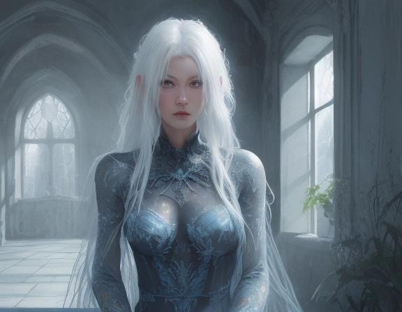 Albino Girl in Stone Room with Bioluminescent Plants