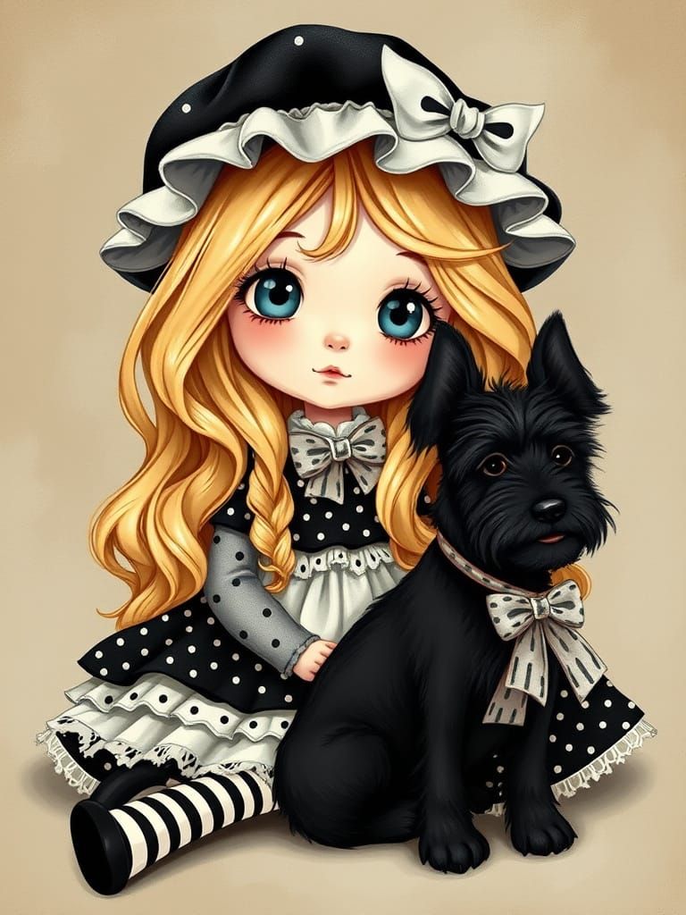 Girl in Whimsical Dress with Black Terrier