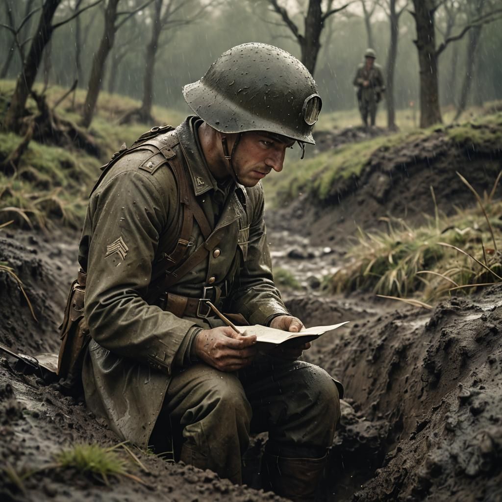 World War II Soldier Reading Letter in Trenches