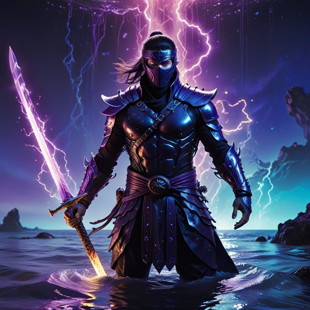 Cyberpunk Ninja Warrior in a Glowing Oceanic Realm