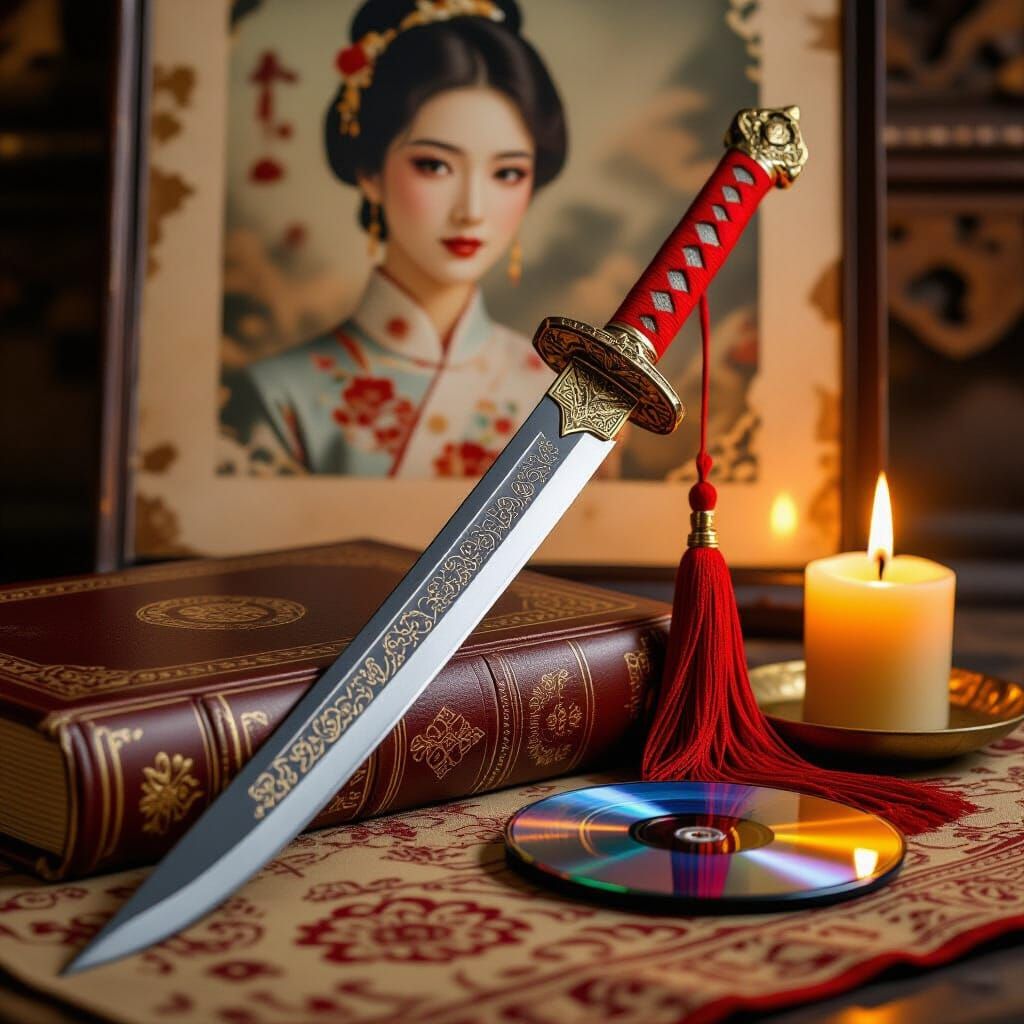 Ornate Chinese Sword with Book and Candle