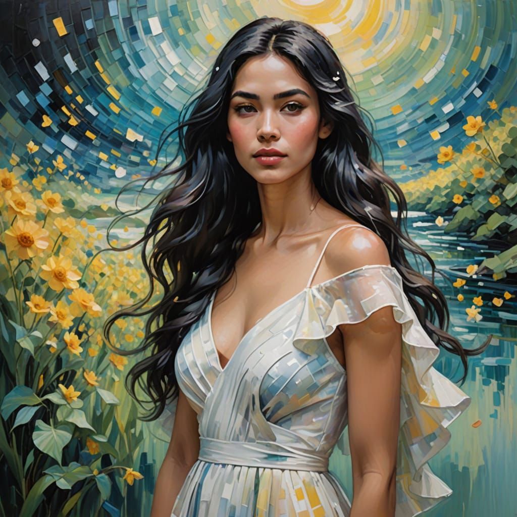 Contemplative Latina Woman in Impressionistic Dreamscape