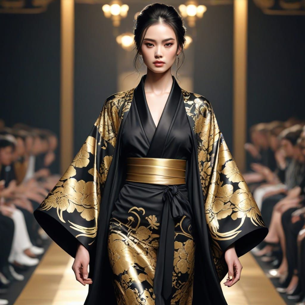 Runway Model in Elegant Black and Gold Kimono
