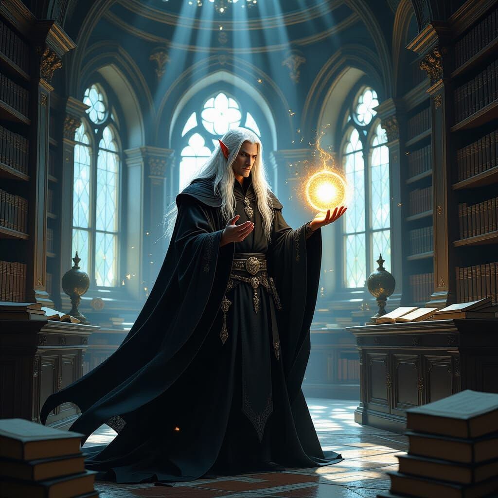 Elven Mage in Sunlit Library: Dark Fantasy Art