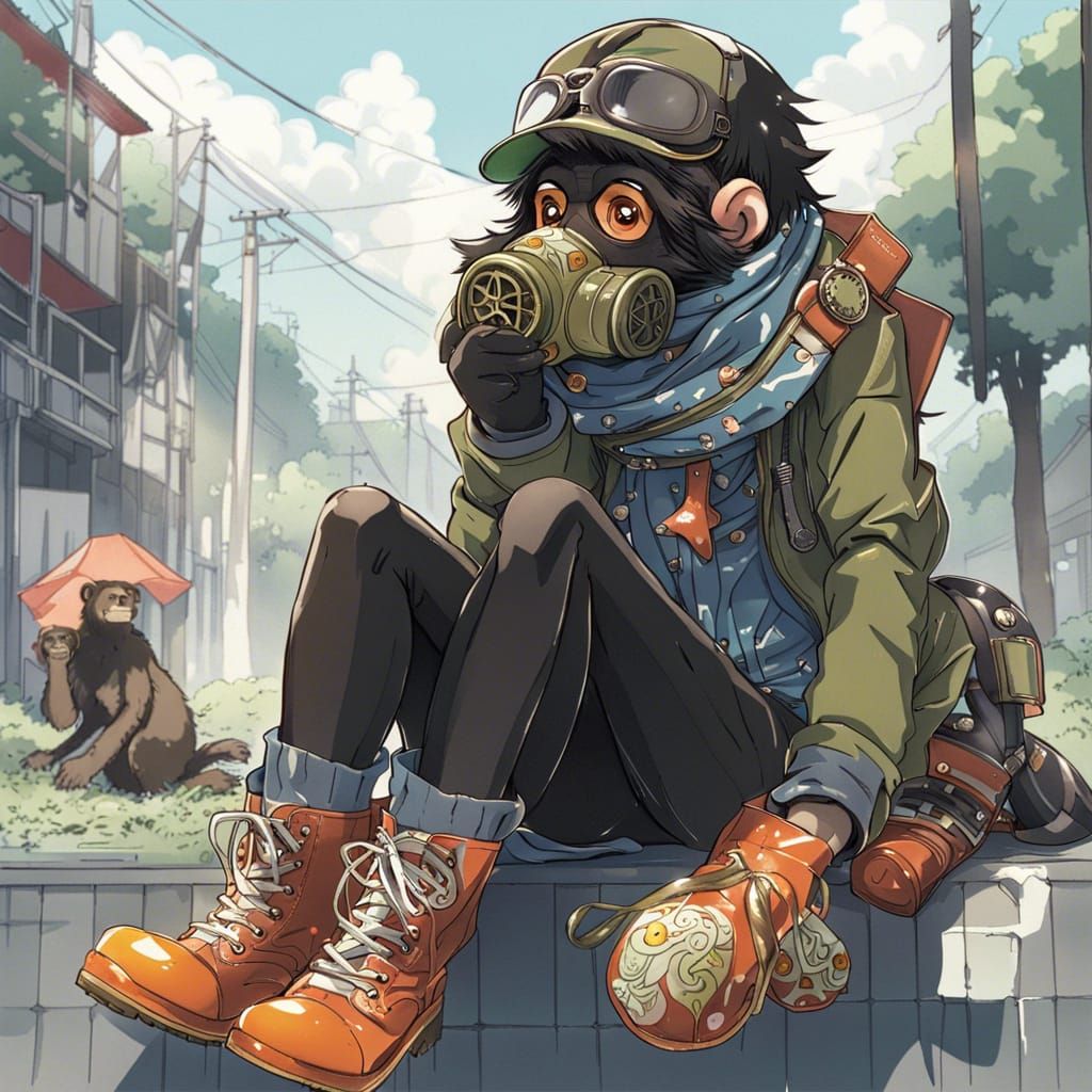 Chimpanzee in Gas Mask with Anime Style
