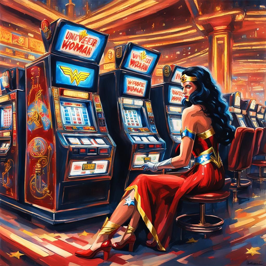 Wonder Woman at Vegas Slot Machine in Gouache Style