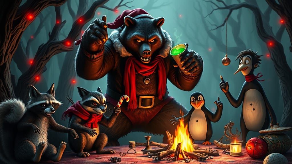 Dark Christmas Nightmare Scene in a Twisted Forest