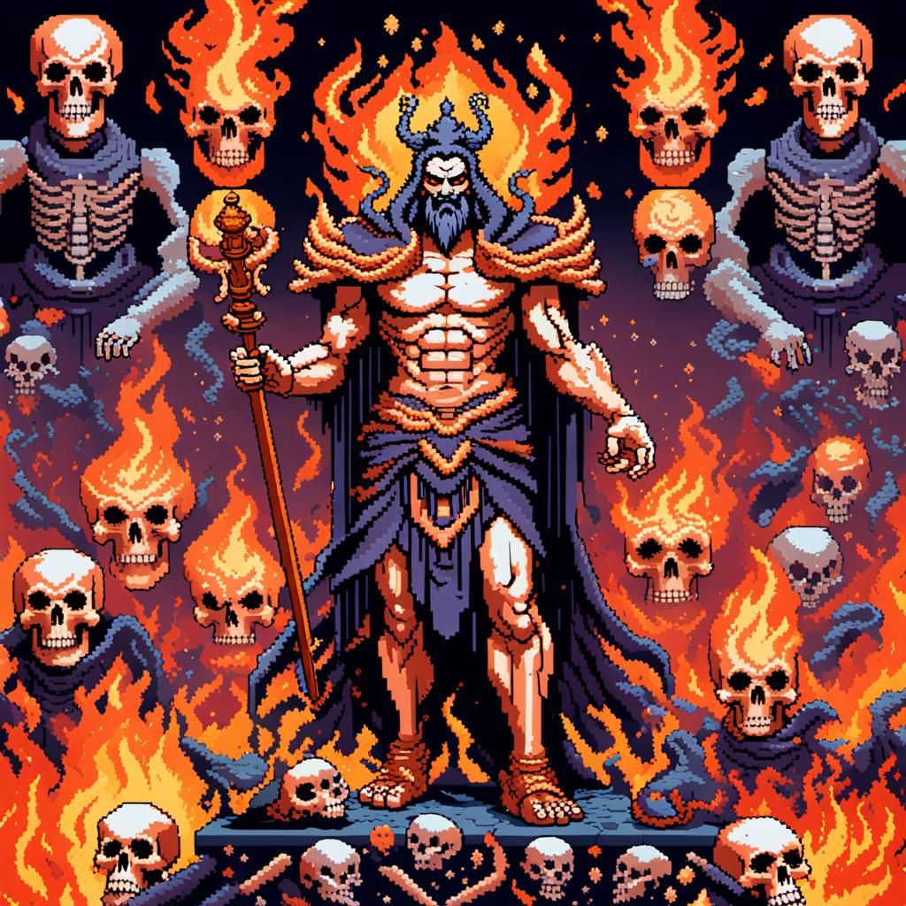 Fiery Hades in 8-Bit Pixel Art JRPG Style