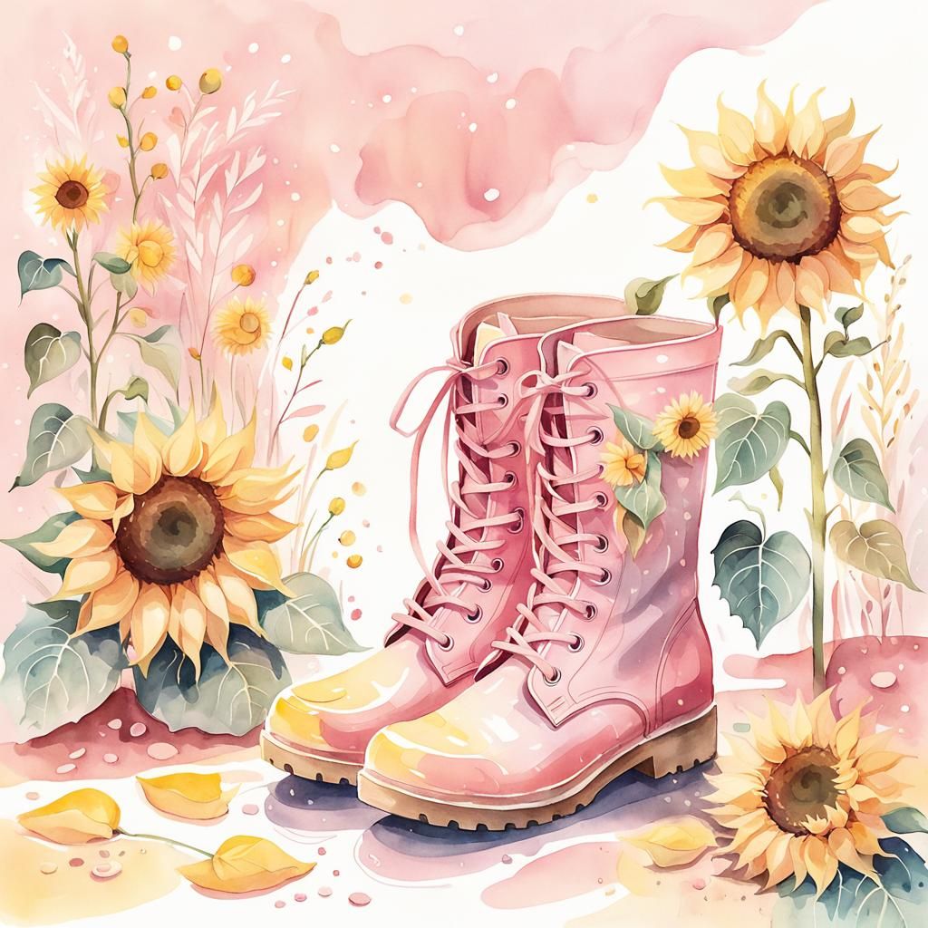 Sunflowers Growing in Pink Boot Illustration