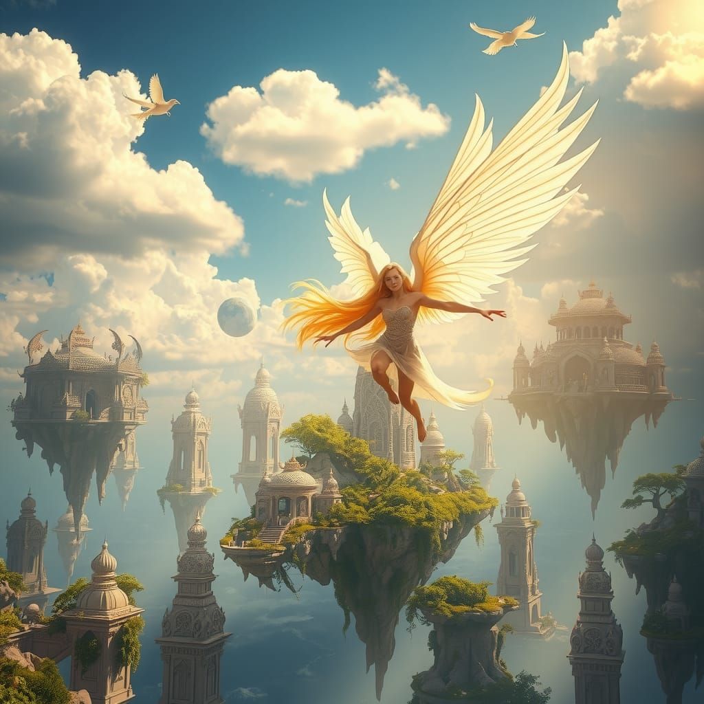 Golden Sylph Soaring Through Sky Islands, Digital Art