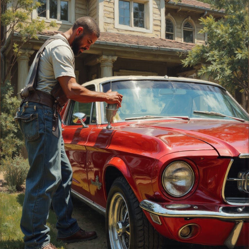 Man Gleefully Polishes Classic Mustang