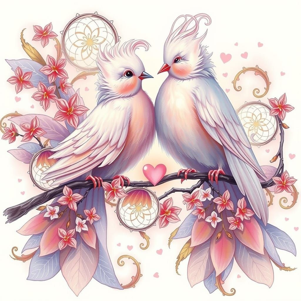 Two exquisite pink doves, adorned with soft, downy tufts of feathers atop their heads, sit poised on a slender, curly tr...
