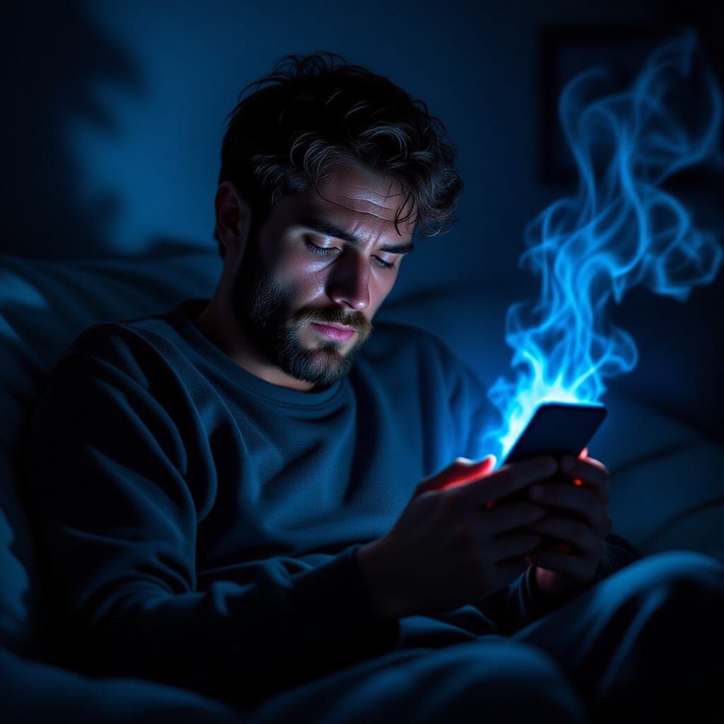 Weary Man Illuminated by Smartphone in Cinematic Lighting