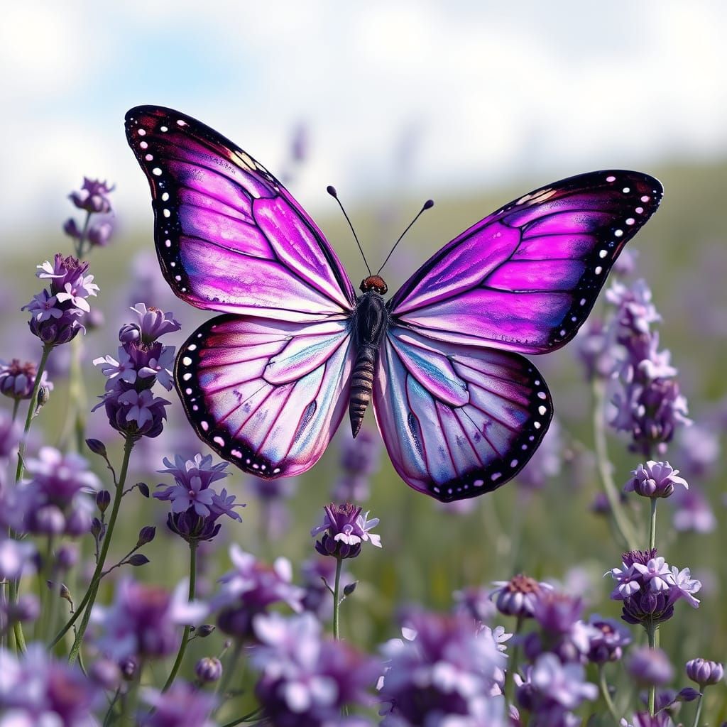 Iridescent Butterfly in Lavender Field: Digital Art