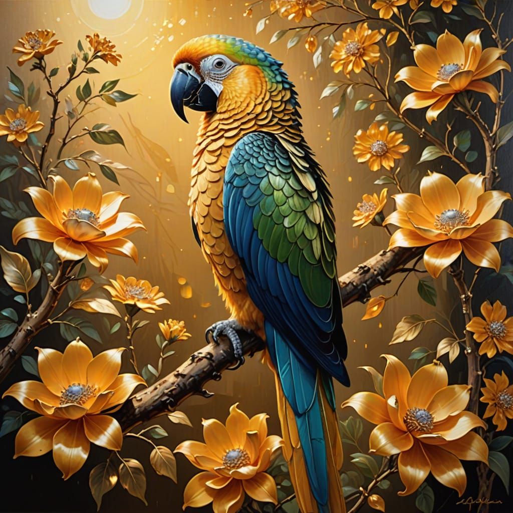 Golden Parrot Amidst Opulent Golden Flowers in Baroque Style