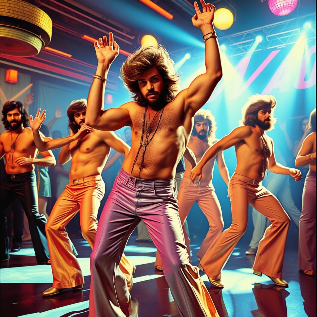 Dancing Men in Bellbottoms at 1970s Disco