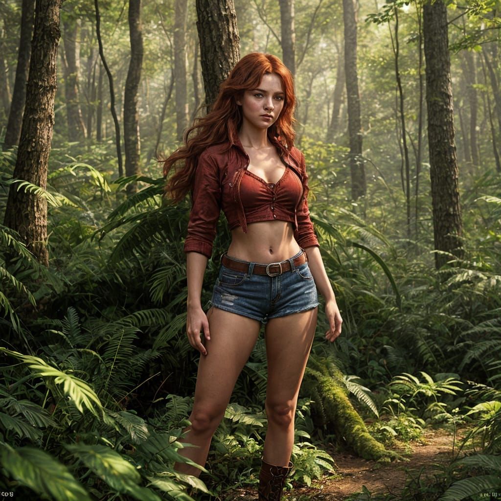 Red-Haired Girl in Forest, Fantasy Concept Art
