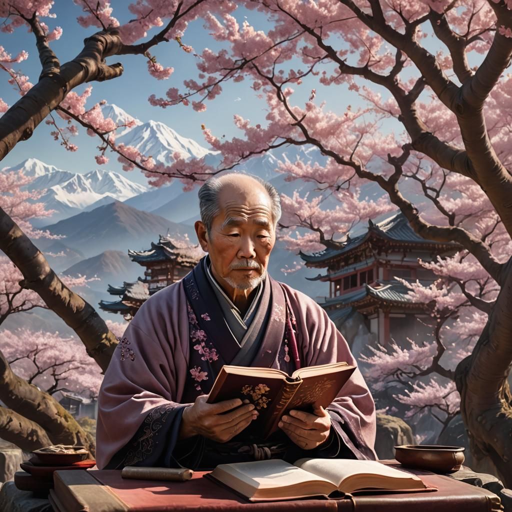 Asian Man Reads by Cherry Blossoms, Digital Painting