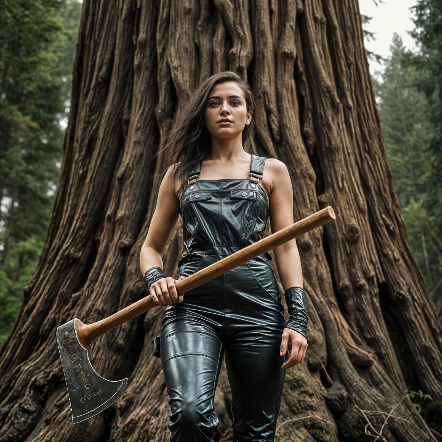 Hyperrealistic Woman with Axe Ready to Cut Redwood