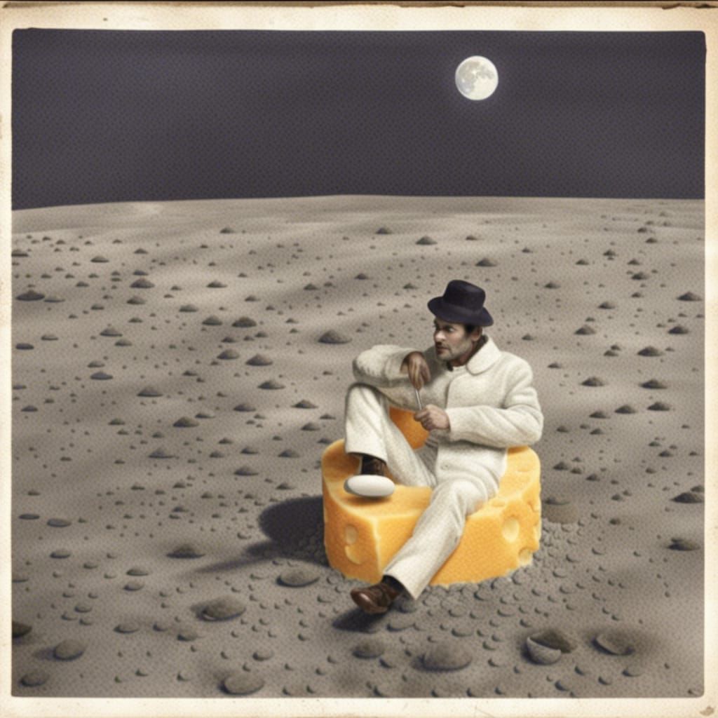 Man on Cheese Moon in Starry Sky
