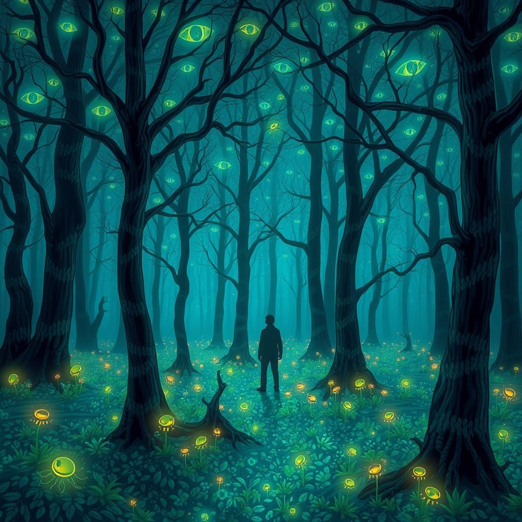 Ethereal Bioluminescent Forest with Watching Trees and Glowi...