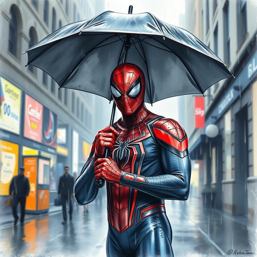 Spider-Man in Rainy City: Watercolor Illustration
