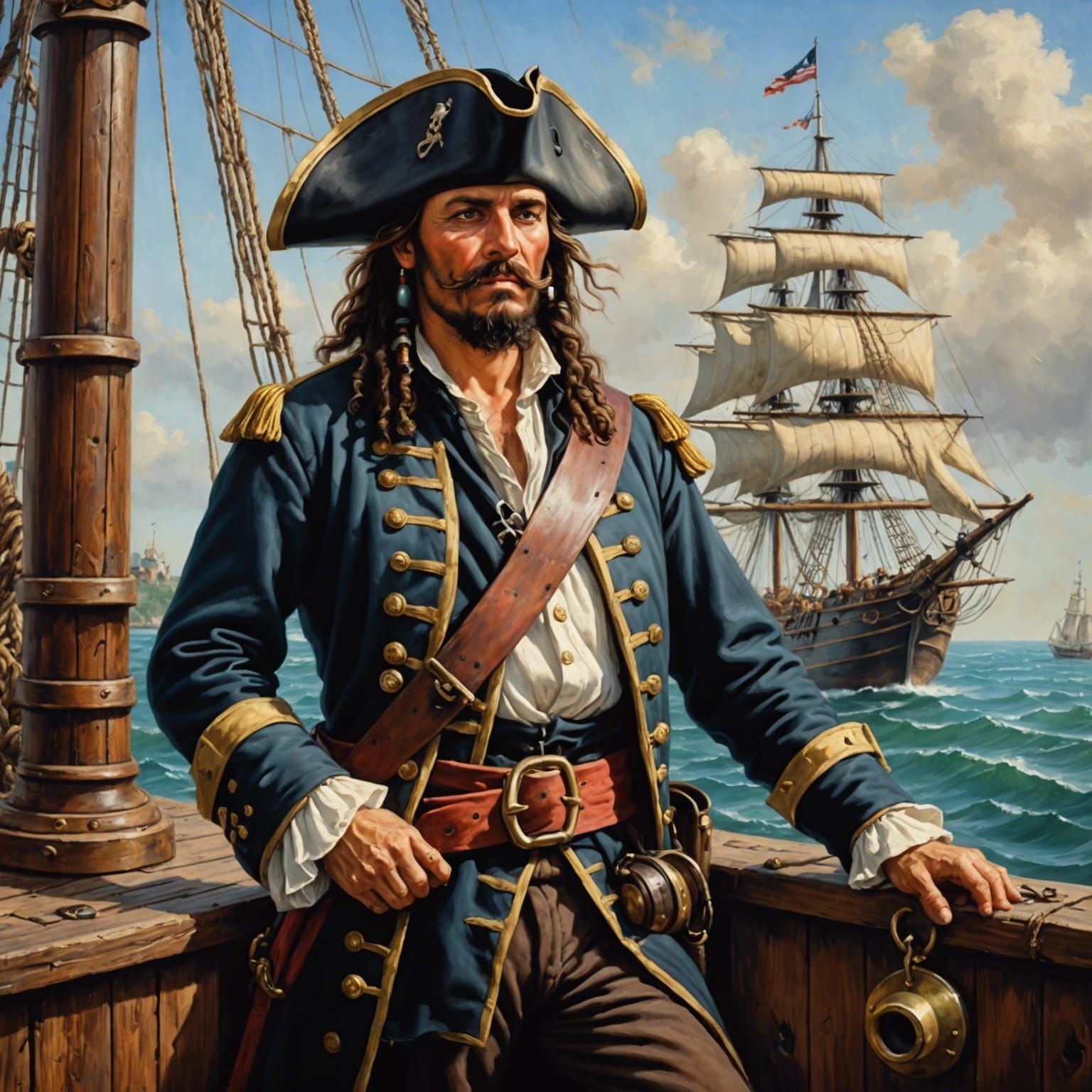 Pirate Captain on Old Sailship: Realistic Oil Painting