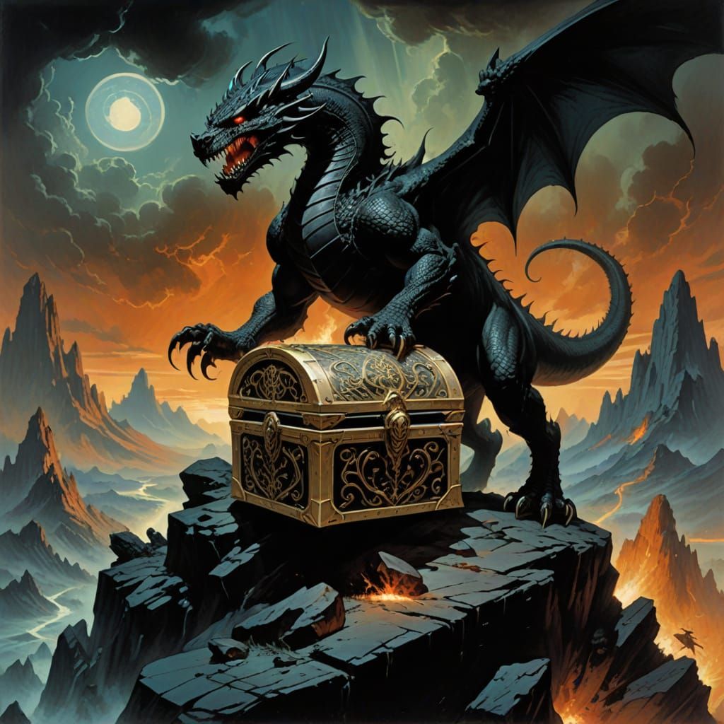 Obsidian Treasure Chest Guarded by Dragon