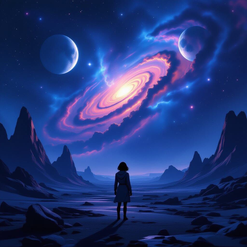 Space Woman Gazing at Swirling Nebula