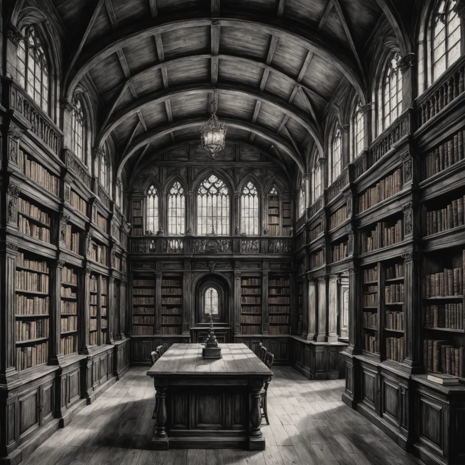 Medieval Wooden Library in Stone Building: Charcoal Drawing