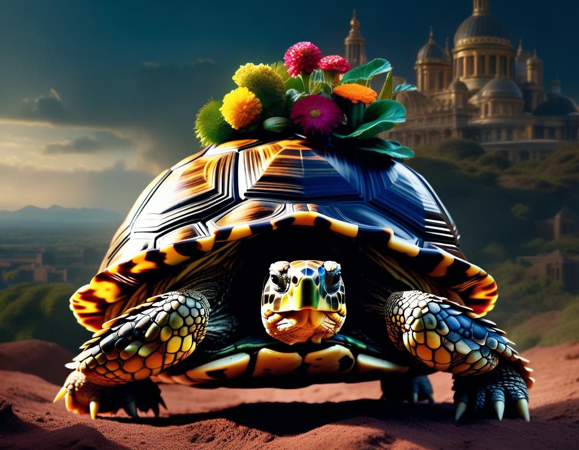 Hyperrealistic Tortoise with Wig: Digital Matte Painting