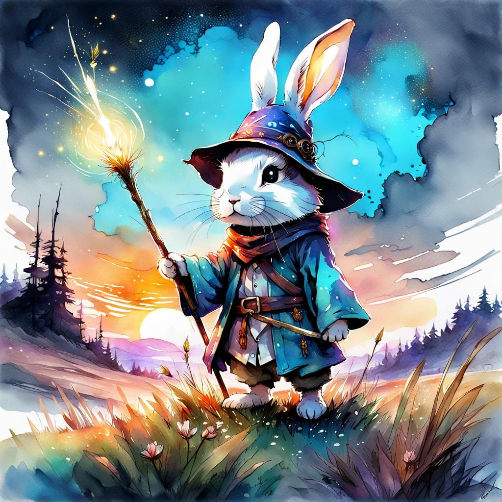 Cute Chibi Rabbit Wizard in Digital Watercolor